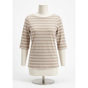 Beige & White Striped Knit Top 3/4 Sleeve Scoop Neck Size M Casual Basic